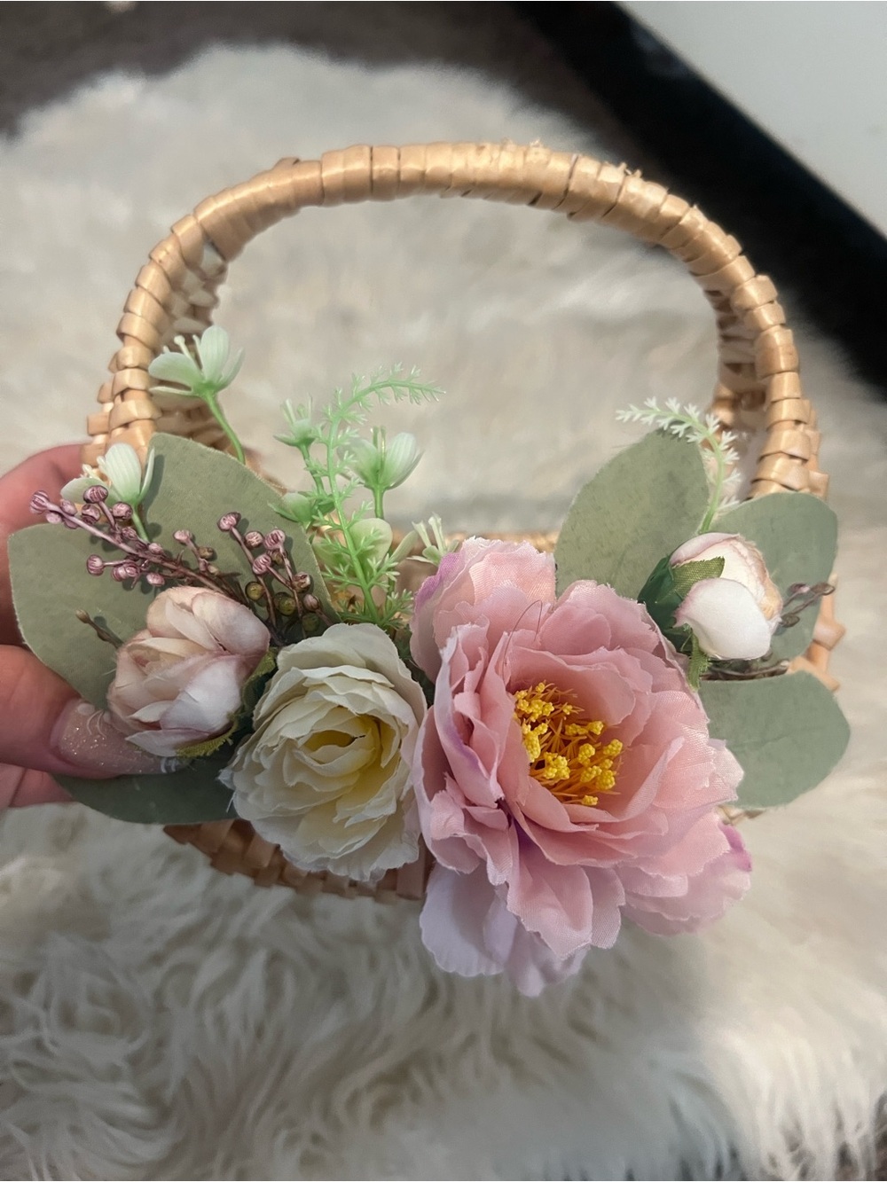 Handmade Pink Floral Wreath Basket Accent- flower girl